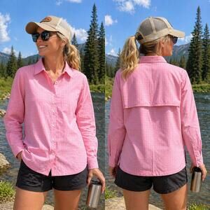 Coolibar UPF 50 Sun Shirt Womens XLP Pink Check Vented Fishing Lightweight Shirt